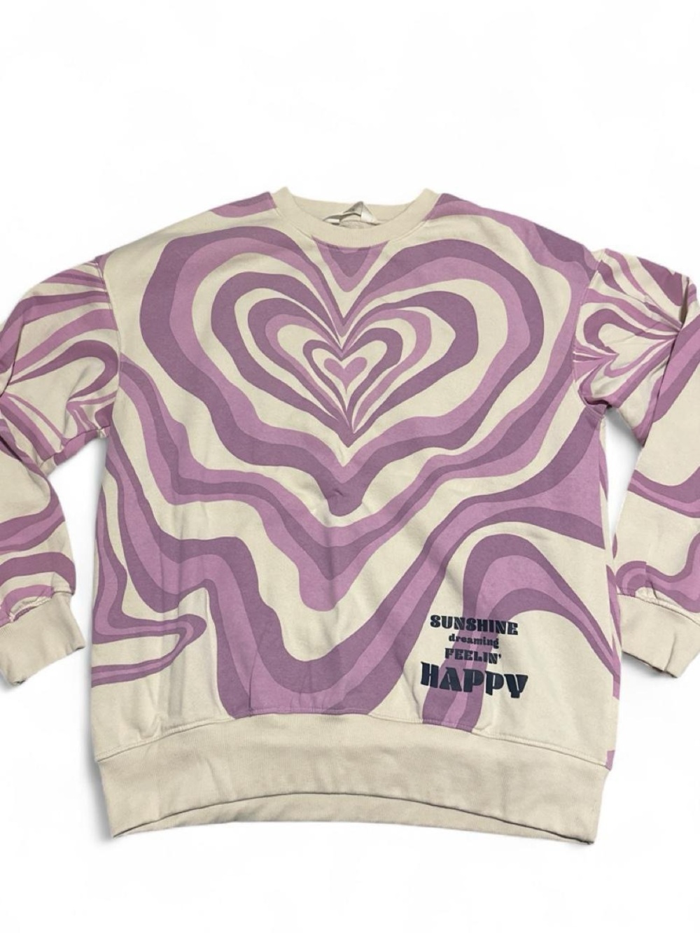H&M Cream Crewneck with Lavender Heart Swirl Graphic